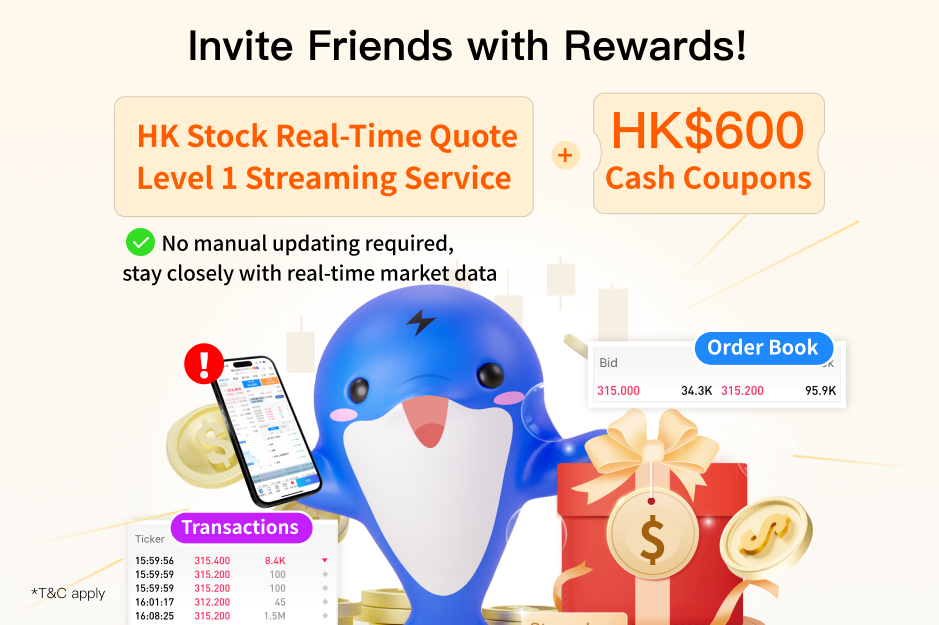 Enjoy HK Stock Real-Time Quote Streaming Service + HK$600 Coupons with friends for invitations*